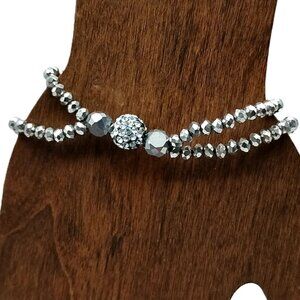 Liz Claiborne Silver Tone Double Strand Stretch Bracelet with Pave Crystal Bead
